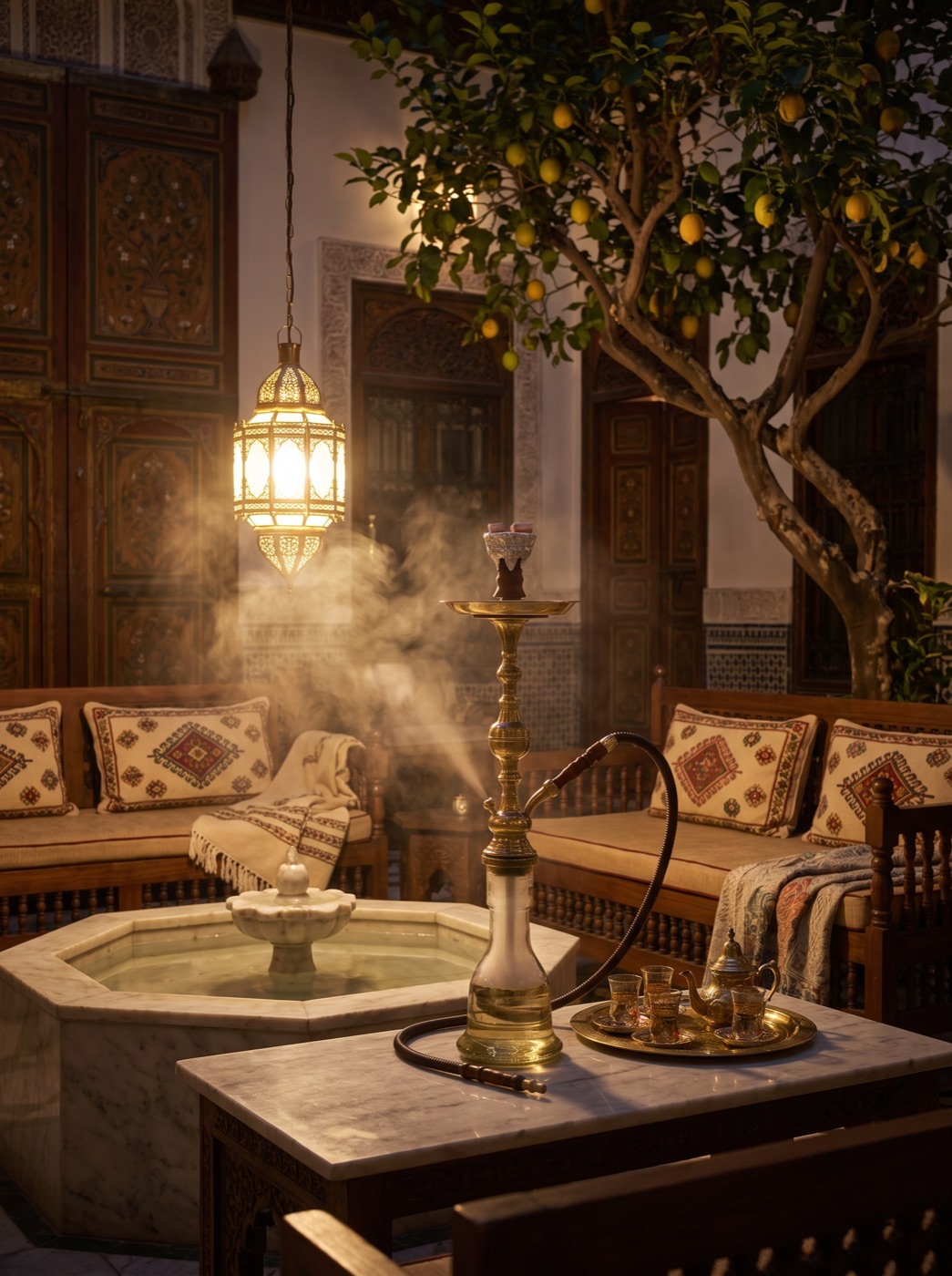 An Oziria hookah prepared and set up in a Damascus home